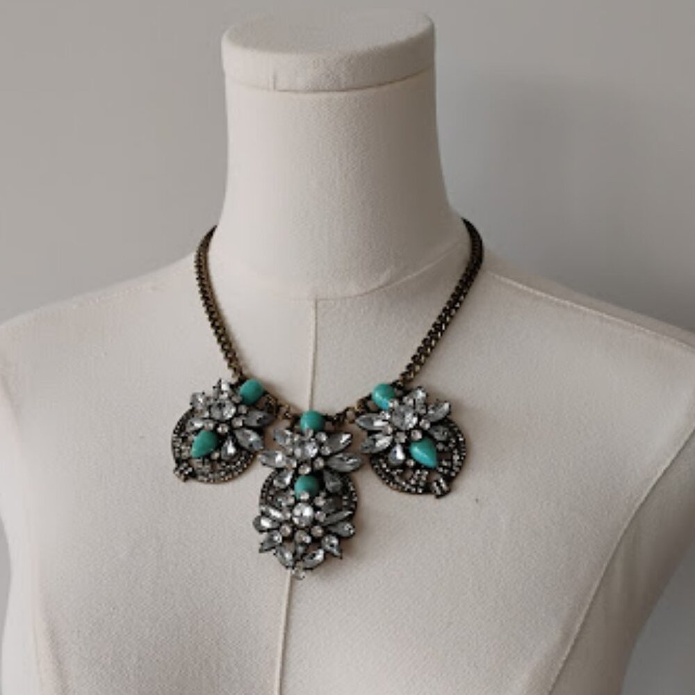 Guess Blue Stone Clear Crystals Chain Art Deco Boho Statement Necklace